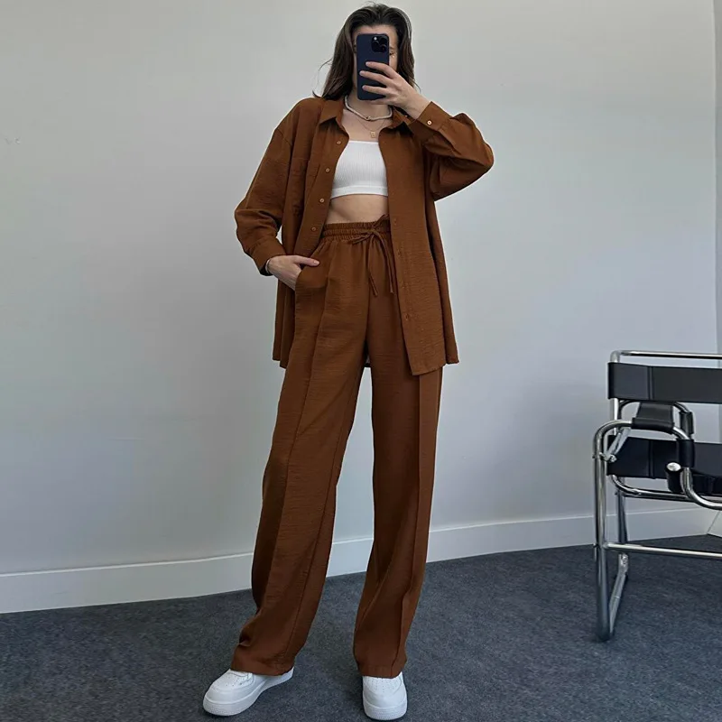 

Candy Color Buttons Shirts Women's Two-piece Set 2024 Spring Soft Home Wear Wide Leg Trousers Tracksuit Office Suit for Women