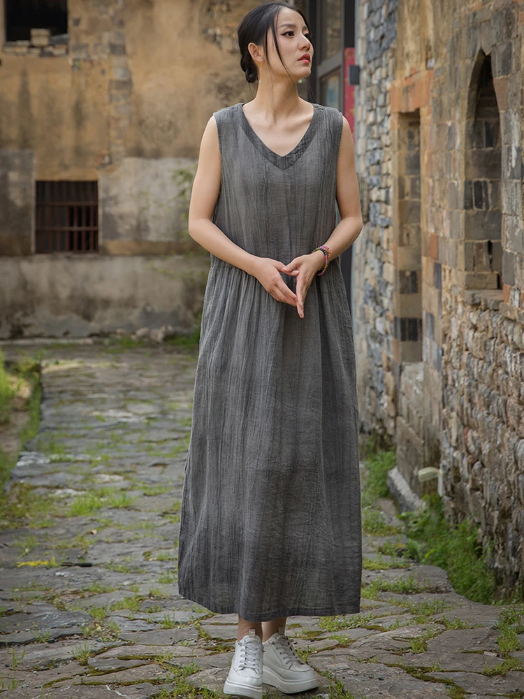 Alta qualidade algodão linho vestido longo feminino novo 2025 verão estilo vintage com decote em v tie dye solto feminino casual a linha vestidos m1293