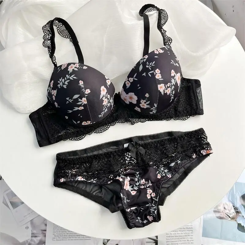 UBAU Printed glossy cute sweet girl summer small breasts gathered lace bra sexy sweet underwear set