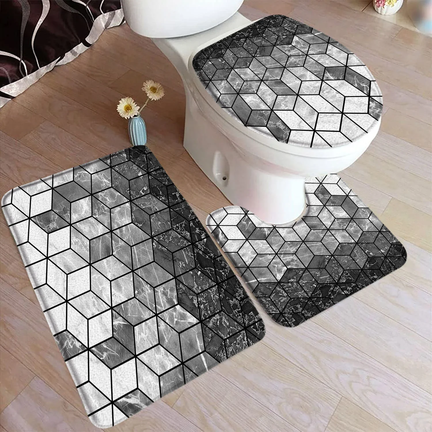 Black and White Leopard Print Bath Mat Set Zebra Animal Fur Texture Fashion Home Bathroom Decor Floor Rug U-Mat Toilet Lid Cover