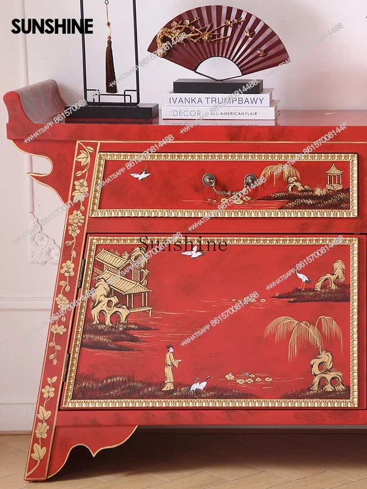 French new Chinese villa hand-painted retro red porch dining side cabinet hotel clubhouse lobby decorative cabinetX