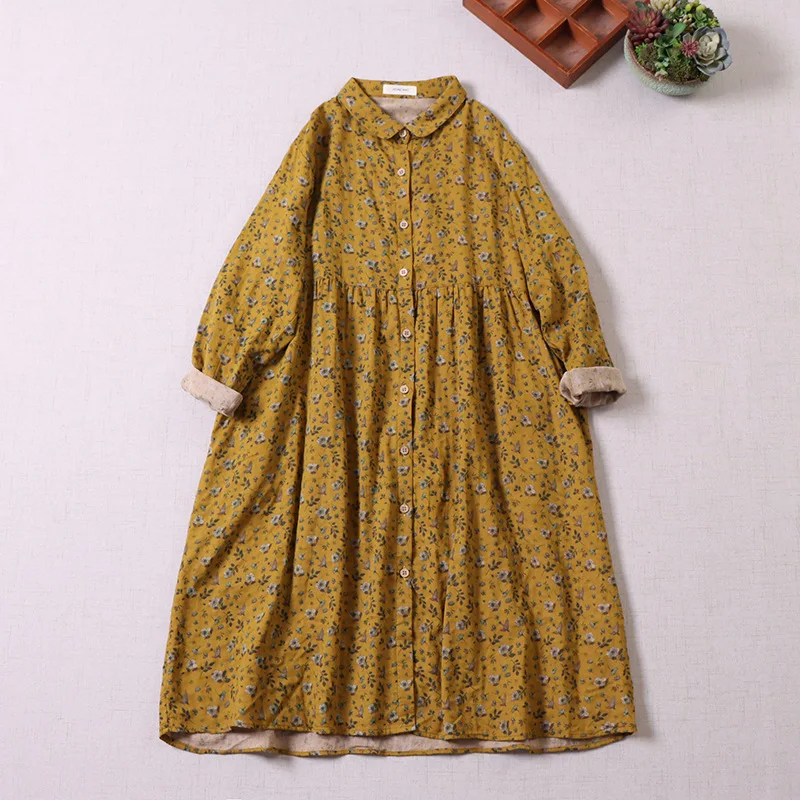 Vintage Bohemian Style Floral Long-sleeved Dress Women Spring Autumn Single Breasted Medium-length Loose Casual Dresses Vestidos