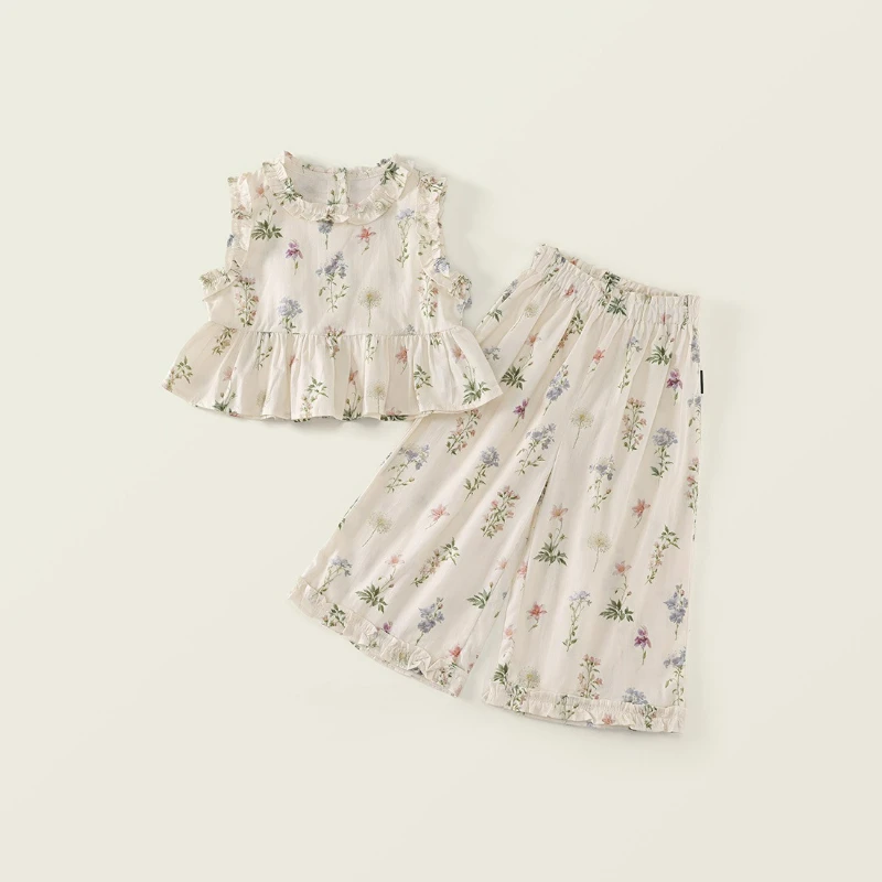 Girls' Clothing Sets Small Fresh Floral Vest +wide Leg Pants Set 2025 Summer Fungus Lace Design Sense Two-piece Set Kids Suits