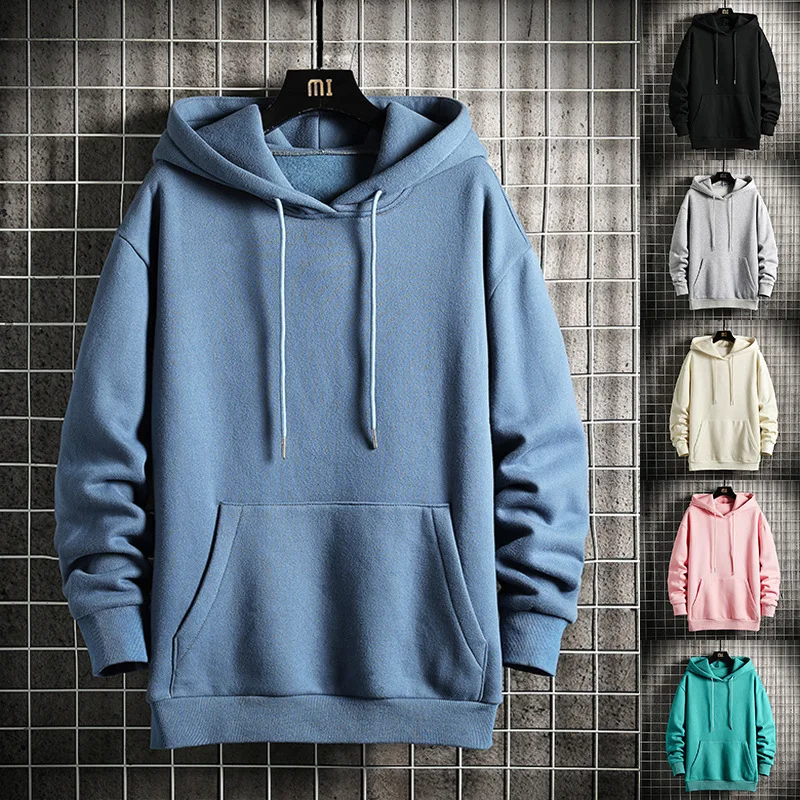 Hooded Hoodies Pullover Men Sweatshirts Solid Spliced Sweatshirt Long Sleeve Pockets Loose Fit Draw String Casual Sports