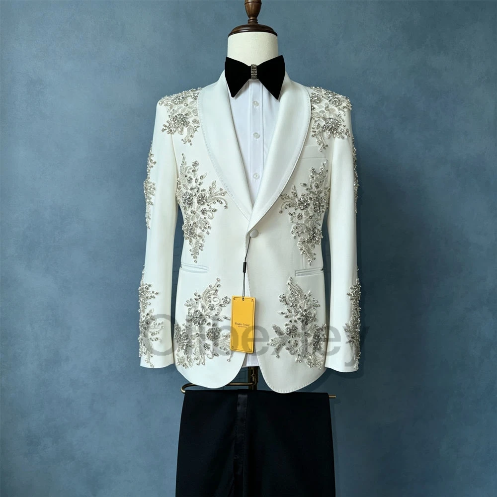 Olibexley Ivory Men Suits Shiny Rhinestone Beaded Slim Fit Groom Wedding Tuxedos Male Party Blazer Ropa Hombre Customized S487