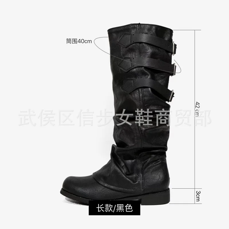 British Style Belt Buckle Women Boots 3CM Low Heels Solid Fashion Casual Large Size 46 Tooling Boots Pleated Retro Mid-Calf Boot - view 3