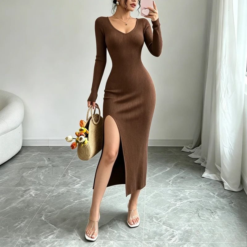 Women V Neck Long Sleeve Ribbed Knit Bodycon Sweater Maxi Dress Side Split Elegant Slim Fit Party Evening Long Dress Outfits - view 5