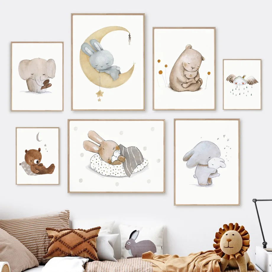 

Rabbit Bear Elephant Cloud Moon Bird Boho Cartoon Animal Wall Art Canvas Painting Posters And Prints Pictures Kdis Room Decor