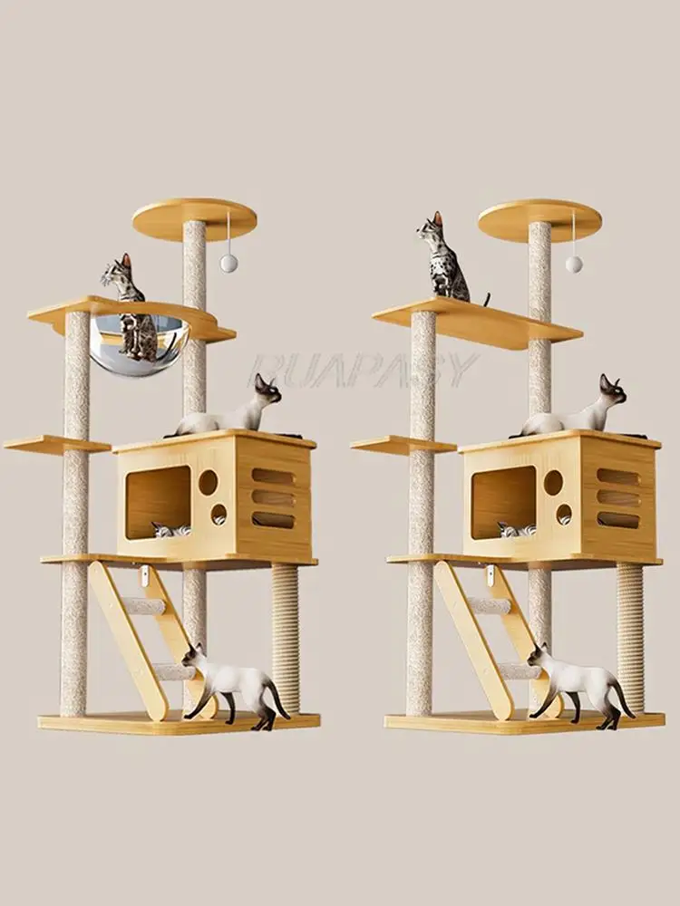 Integrated Multi-Level Cat Tree Nest Wood Cat Climbing Frame Shelf Space Capsule Post Condo Scratching Jumping Platform Tower