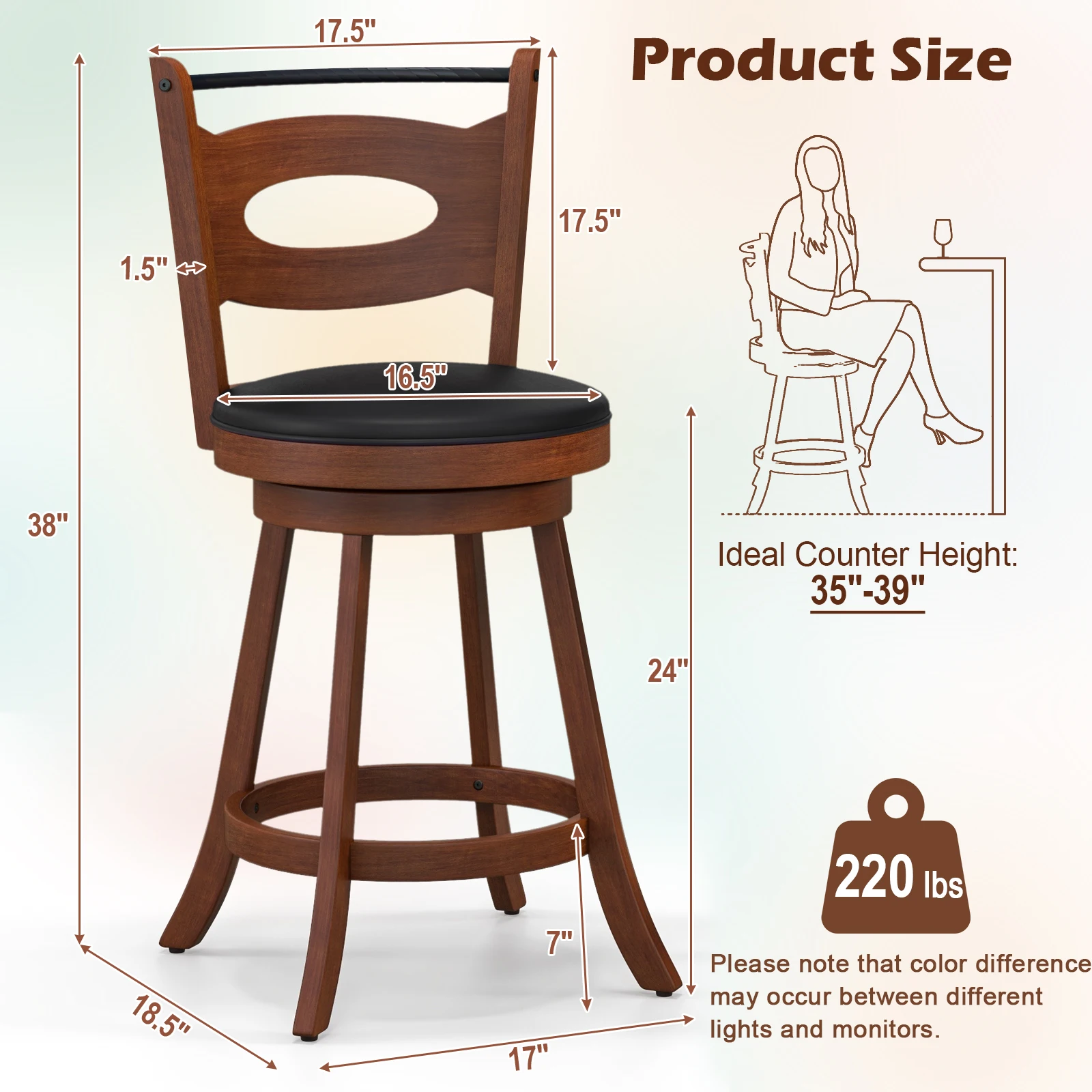 Set of 2 Bar Stools 360° Swivel Dining Chairs Solid Rubber Wood Leather Padded Seat Counter Height