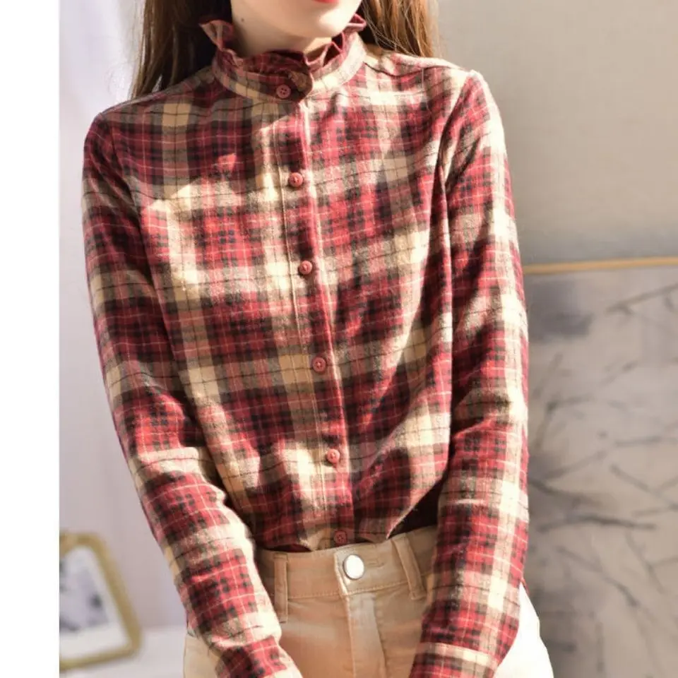 Blus kotak-kotak Vintage lengan panjang wanita, baju atasan Korea Chic baru, mantel Musim Semi dan Gugur, baju kerut leher tinggi mewah, baju lengan panjang wanita kotak-kotak