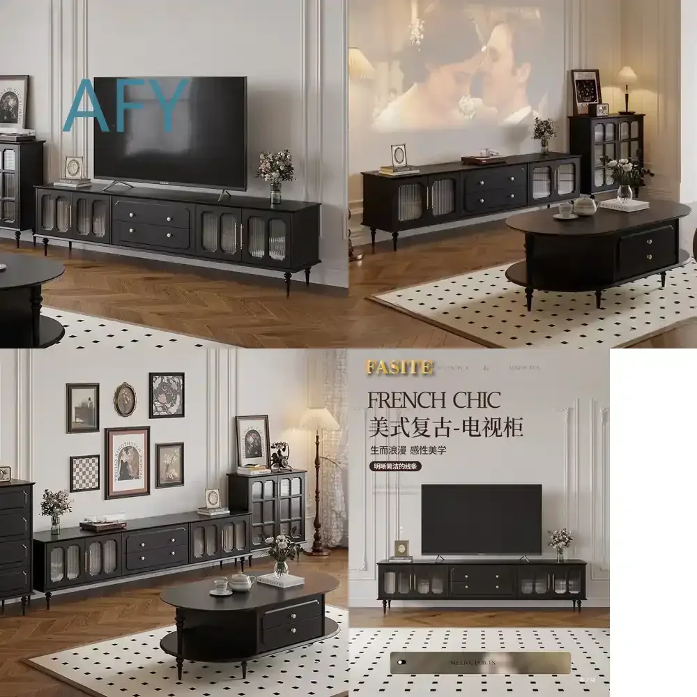 Small Apartment Living Room Solid Wood Black American Retro TV Cabinet Coffee Table Combination for French Style Home Decor