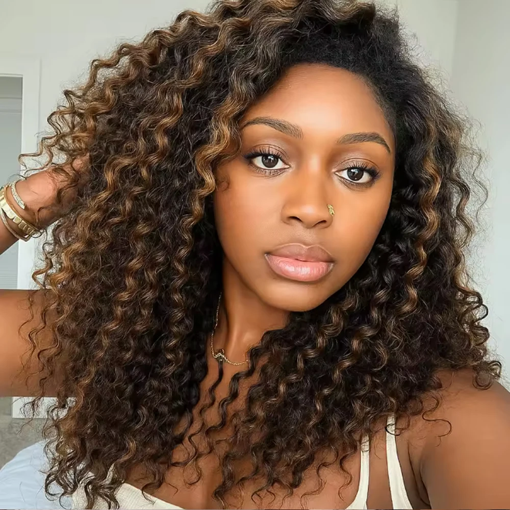 

Highlight Brown Ombre Kinky Curly Half Wig Human Hair 1B/27 Color 3 in 1 Half Wigs Go Elastic Drawstring 200 Density for Women