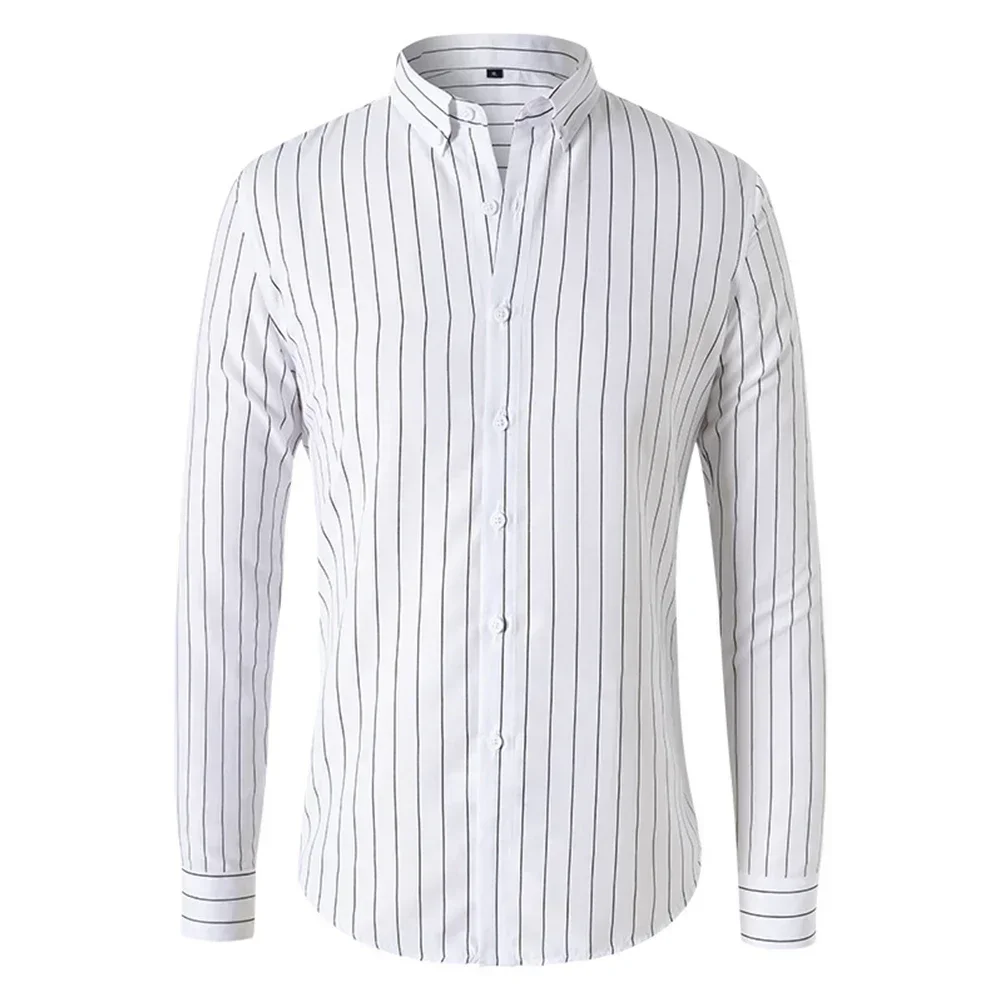 Mens Long Sleeve Striped Button Shirt Business Baggy Tops Casual Lapel Shirt Slim Fit Formal Breathable Solid Men's Shirts