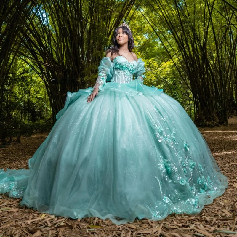 

Light Green Princess Off the Shoulder Sweet 16 Dress Quinceanera Dresses Applique Flower Beads Tull Party Birthday Vestidos