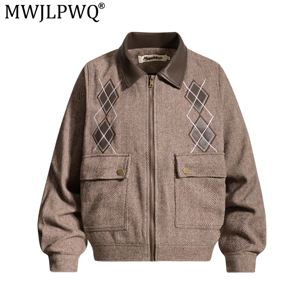 MWJLPWQ Men's Textured Knit Collar Jacket Lapel Long Sleeve Stylish Spliced Loose-Fit Casual Design Tops For Autumn Winter 21266