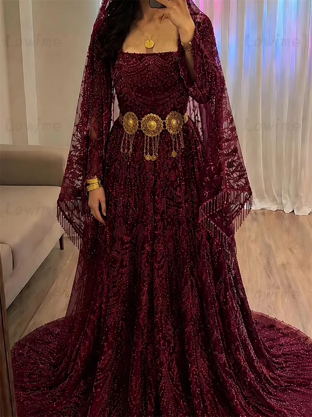 Burgunderrote A-Linien-Abendkleider in Übergröße mit langen Ärmeln, perlenbesetztes Ballkleid mit quadratischem Kragen, arabische formelle Partykleider für Damen 2026