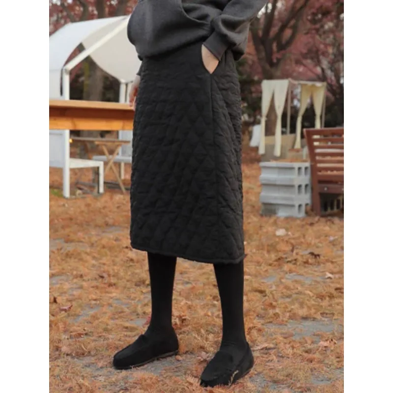 

Модная стеганая повседневная хлопковая женская юбка-миди с высокой талией, универсальная осенне-зимняя модная юбка трапециевидной формы с открытой промежностью