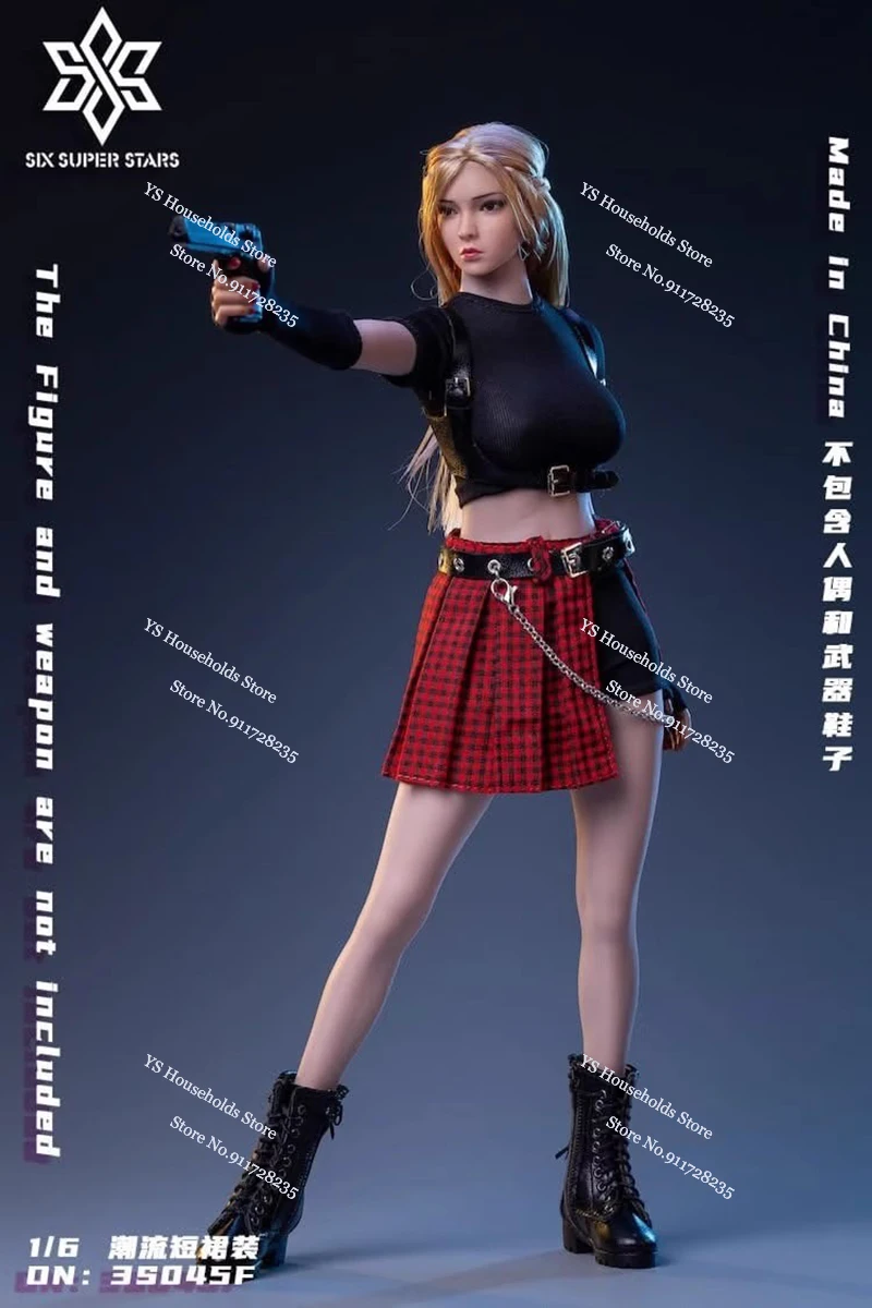 Zes Super Stars Speelgoed 1/6 Vrouwelijke Action Figure met Rood Blauw Geruite Rok Strak Zwart T-shirt En Riem Accessoireset voor 12" Lichaam