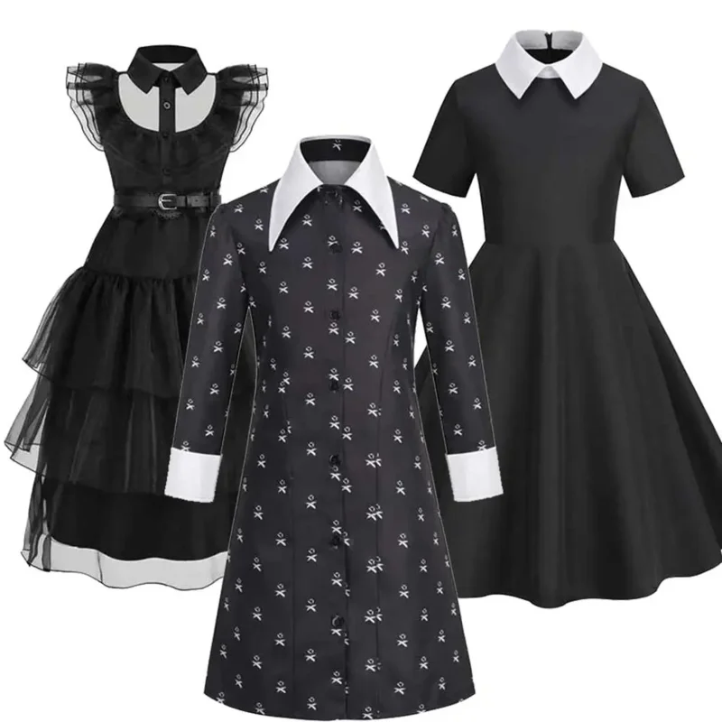 

Addams Costume Dress For Girls Wednesday Family Halloween Costumes Long Sleeve Dress Party Cosplay
