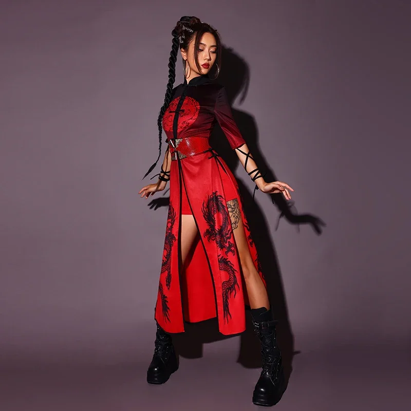 Tenue de performance de jazz de style chinois pour femmes, vêtements de scène rouges, vêtements de chanteur Kpop, costume de danse à tricoter, vêtements de bar