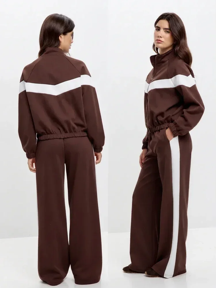 Lady Color Block Striped Sports 2 Piece Set Casual Stand Collar Zip Up Short Coat Elastic Waist Wide Leg Long Pants Daily Suit