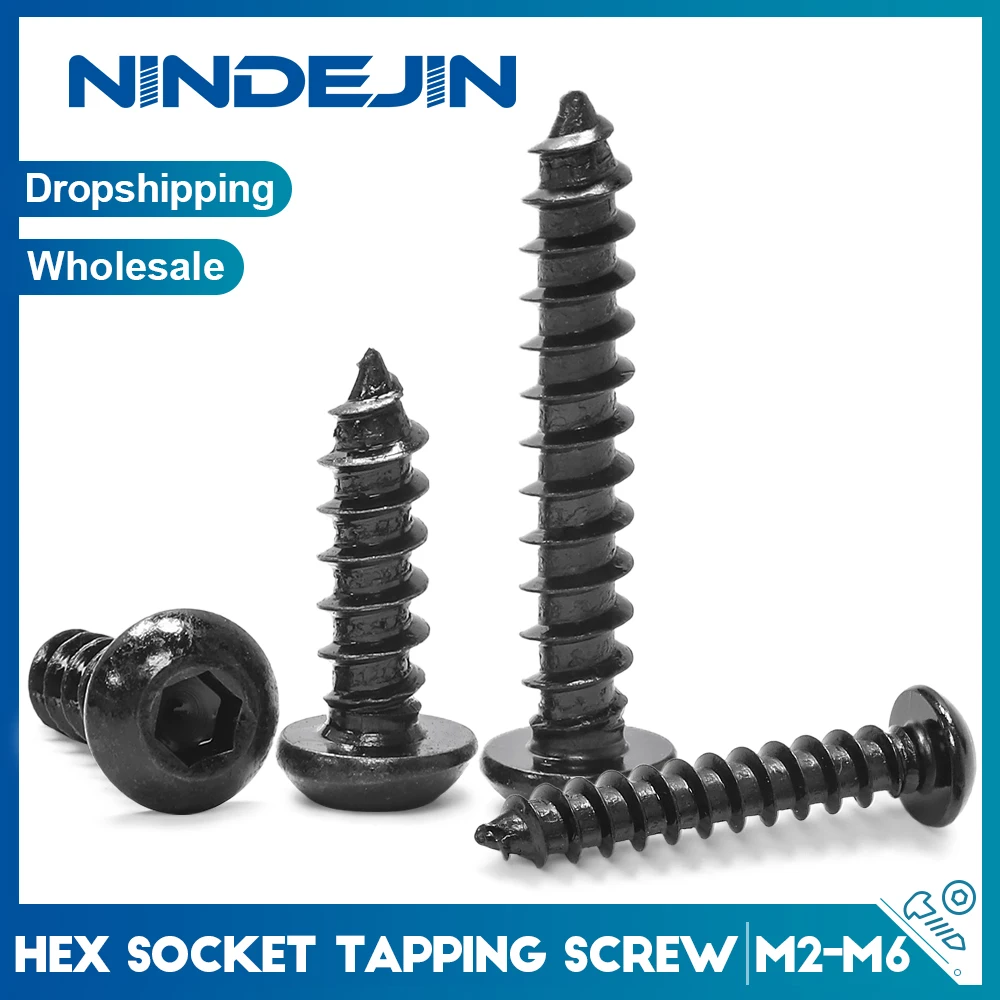NINDEJIN 10-100szt Okrągła śruba z łbem sześciokątnym M2 M2.5 M3 M3.5 M4 M5 M6 Śruby do drewna z gniazdem sześciokątnym ze stali węglowej