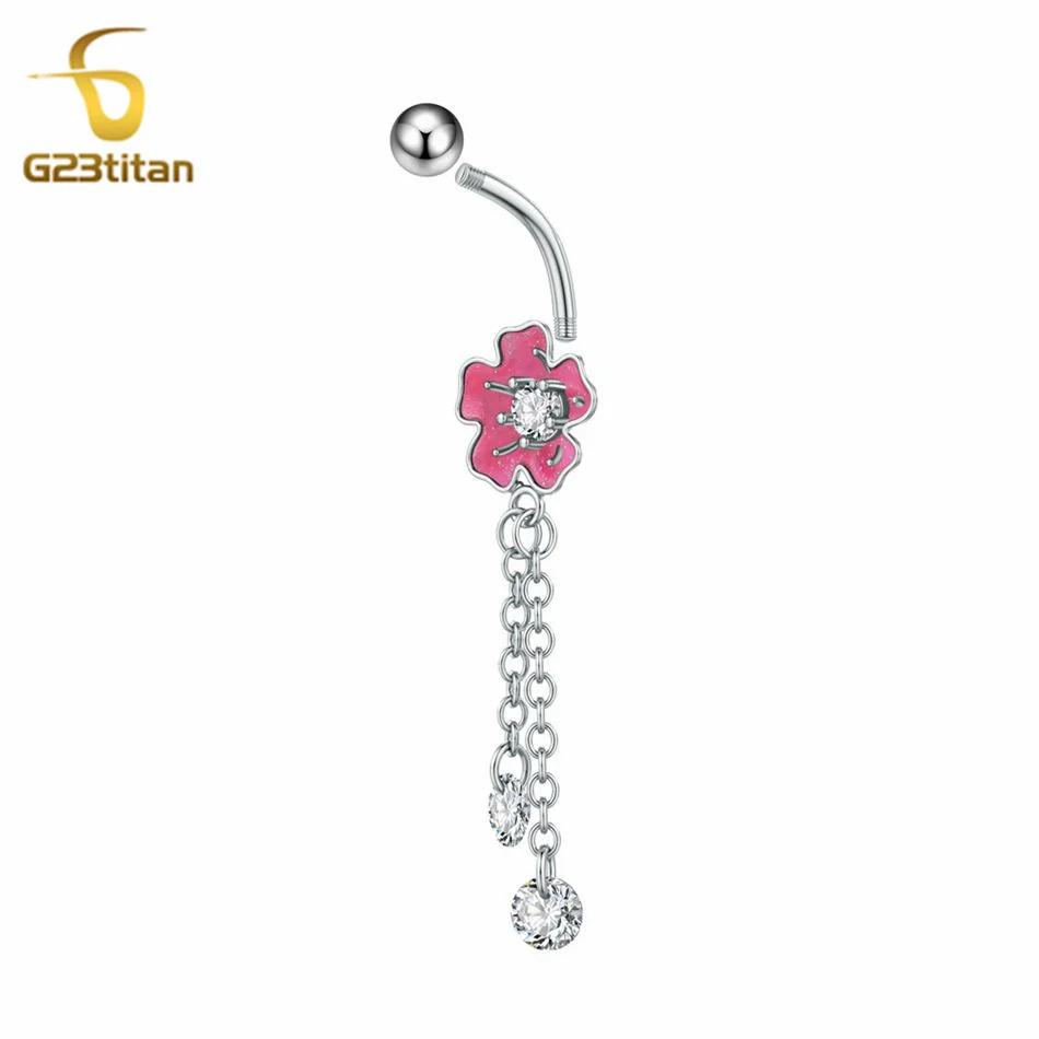 G23titan Charm Pink Flower Zircon Round Pendant Navel Ring 14G Titanium Barbell Belly Button Ring Piercing Women Jewelry Ombligo