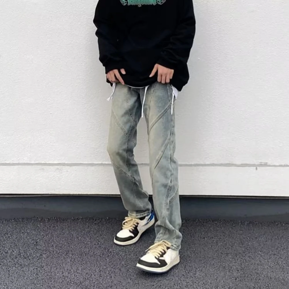 Man Jeans Printed Yellow Mud Dyed Y2k Jeans Men American High Street Pants Retro Loose Straight Hundred Wide Leg Long Pants