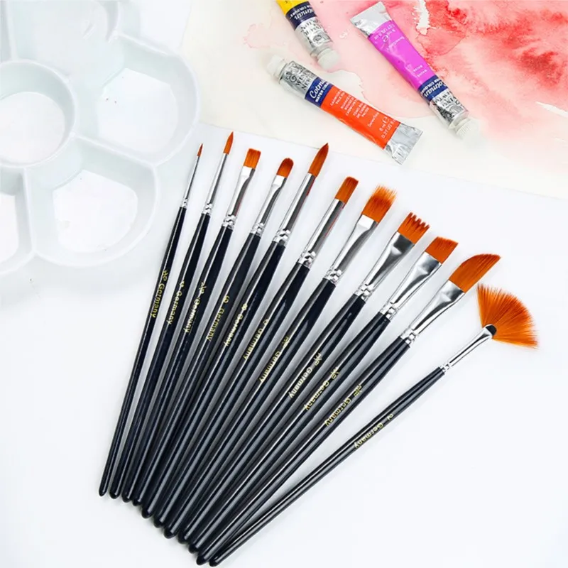 12Pcs Paint Brushes Set Nylon Hair Painting Brush Variety Style Short Rod Oil Acrylic Brush Watercolor Pen Art Supplies