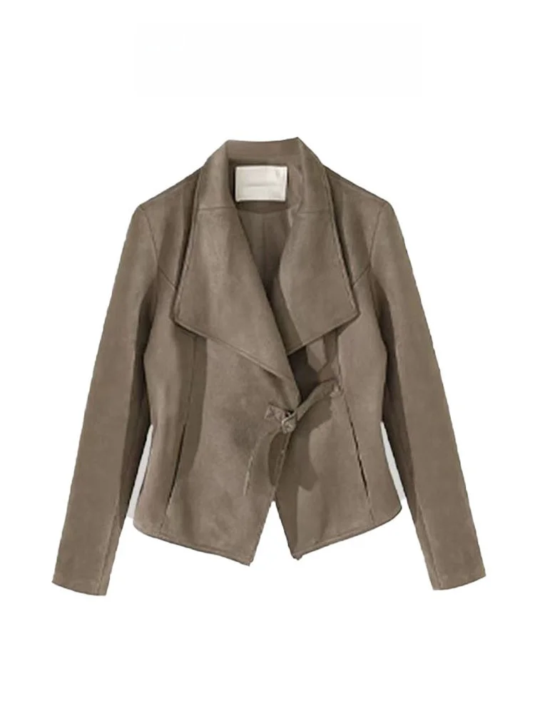 Retro American Suede Motorcycle Jaet Women's Spring Autumn New Design Large Collar Waist-Cinching Leather Jaet ort Coat