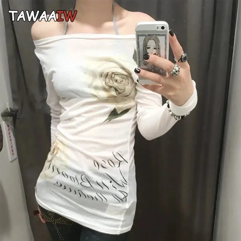 Tawaaiw Floral Off Shoulder Sheer Graphic T Shirts Women Clothing Long Sleeve Korean Fashion Tees Female Clothing 2000s Y2k Tops