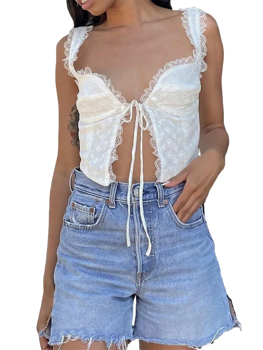 Camisole courte en dentelle pour femme, coupe basse, fibre frontale, précieuse, blanc, été