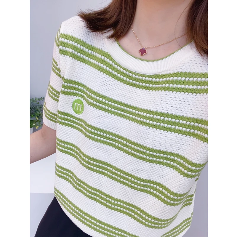 

Летняя полосатая футболка из ледяного шелка с короткими рукавами для женщин, свободный топ большого размера, модный вязаный свитер