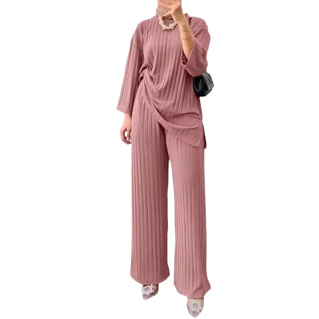 2023 Autumn/winter New Women's Long Sleeve Top Bell Bottom Suit Solid Color Casual Sports 2 Piece Set Cross-border Style