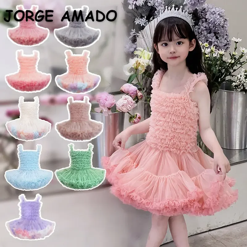 New Summer Dress for Kid Girl Sling Solid Color Sleeveless Round Collar Tutu Ballet Dance Performance Layered Dress E8500