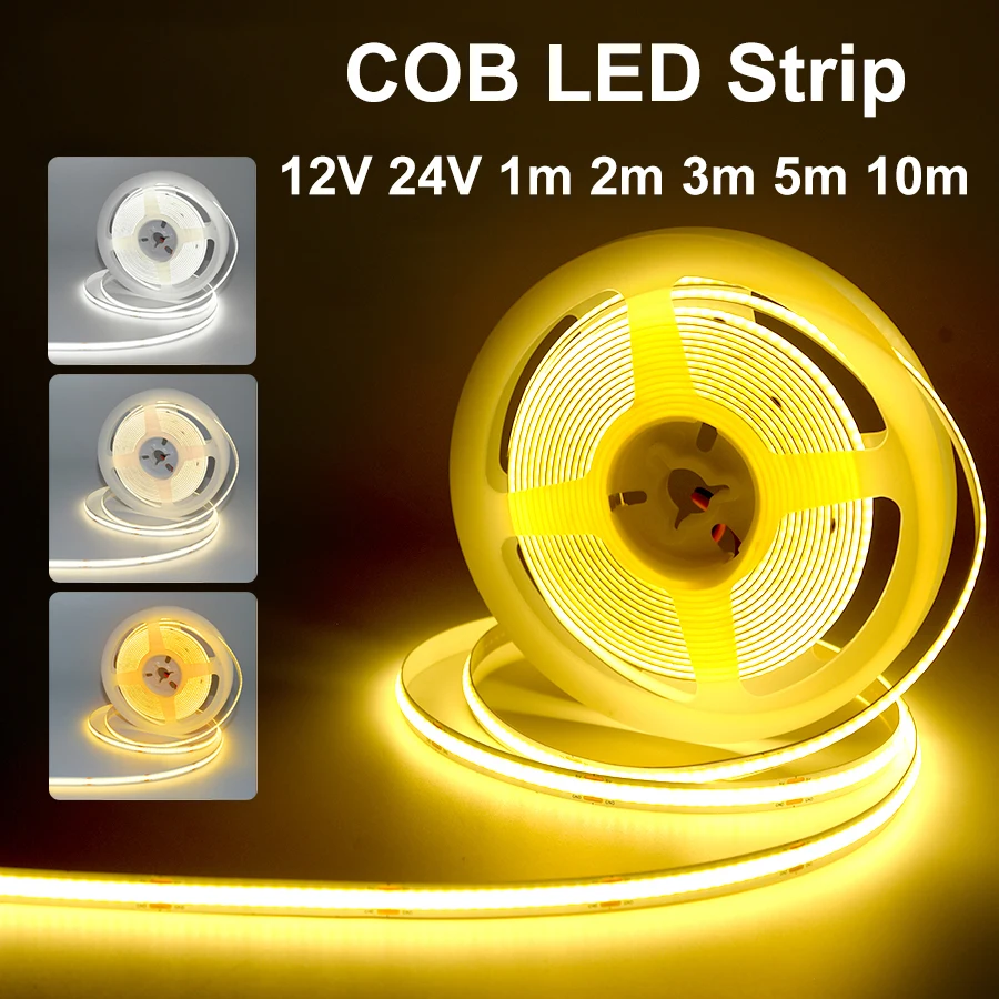 COB LED Strip Lights 12V 24V 10M 5M 3M 2M 1M 320LEDs/M High Density Flexible LED Tape 3000K 4500K 6500K Kitchen Room Decor 8mm