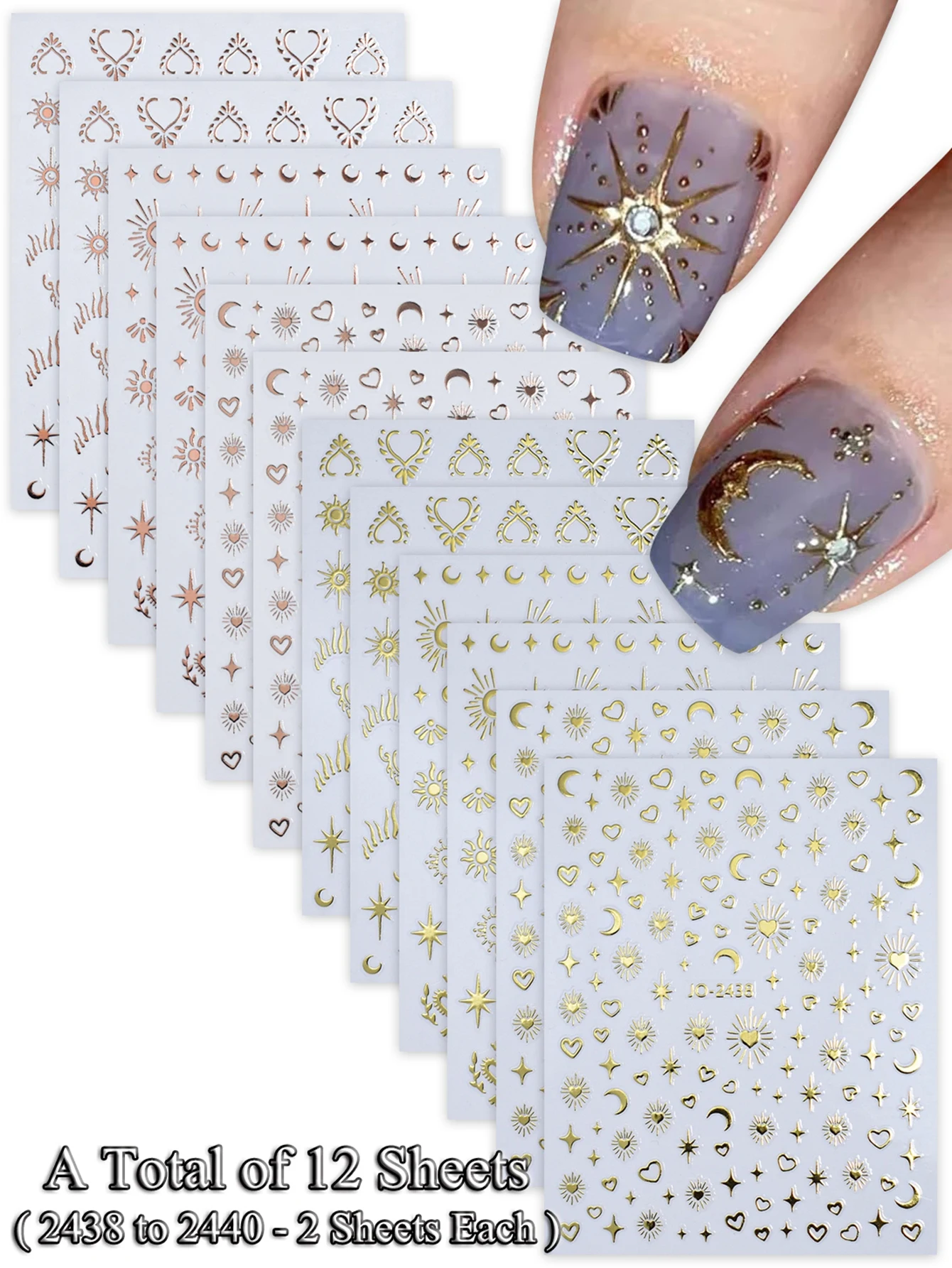 6/12/24 Vellen Gouden & Zilveren Ster, Maan & Hart Nagelstickers, Zelfklevende 3D Nageldecoratie Stickers voor DIY Manicure Decoratie
