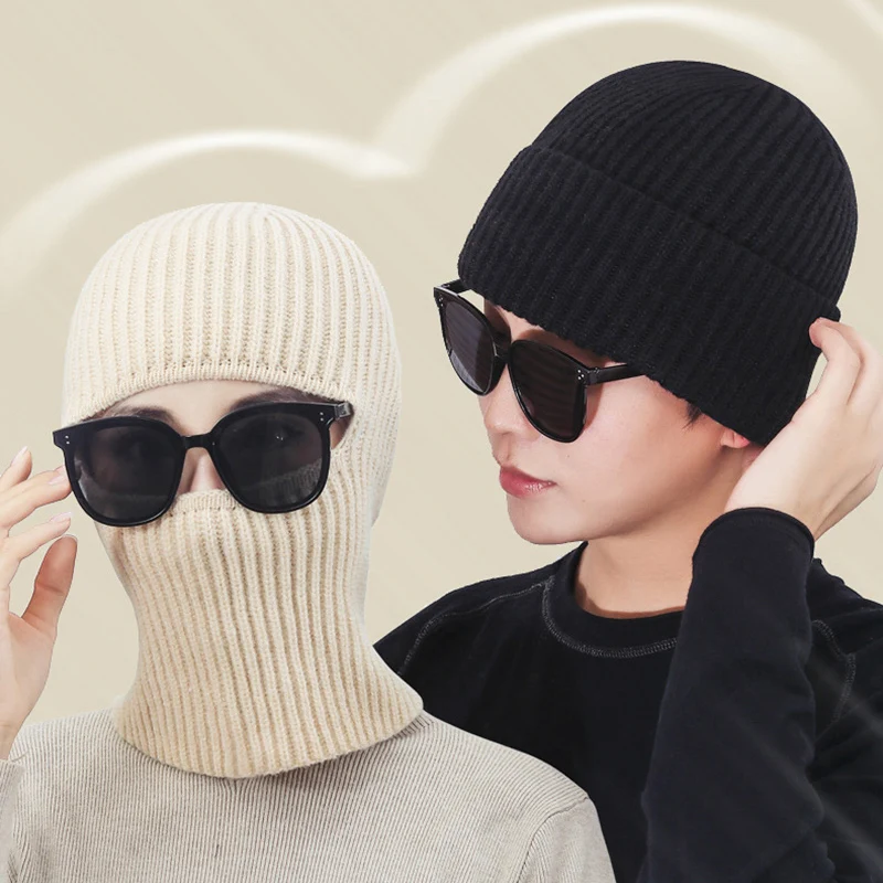 New Solid Color Outfit Winter Hat Women Men Basic Cozy Under Helmet Stretchy Knit Cycling Beanie Hat Unisex Balaclava Face Mask