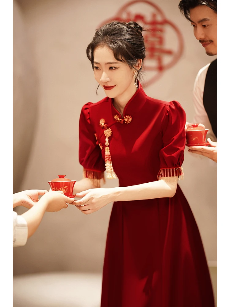 

Red Wedding Dr Engagement Dr Satin Fabric Chinese Sle Summer Dr for Returning Home Toasts And Celebrations