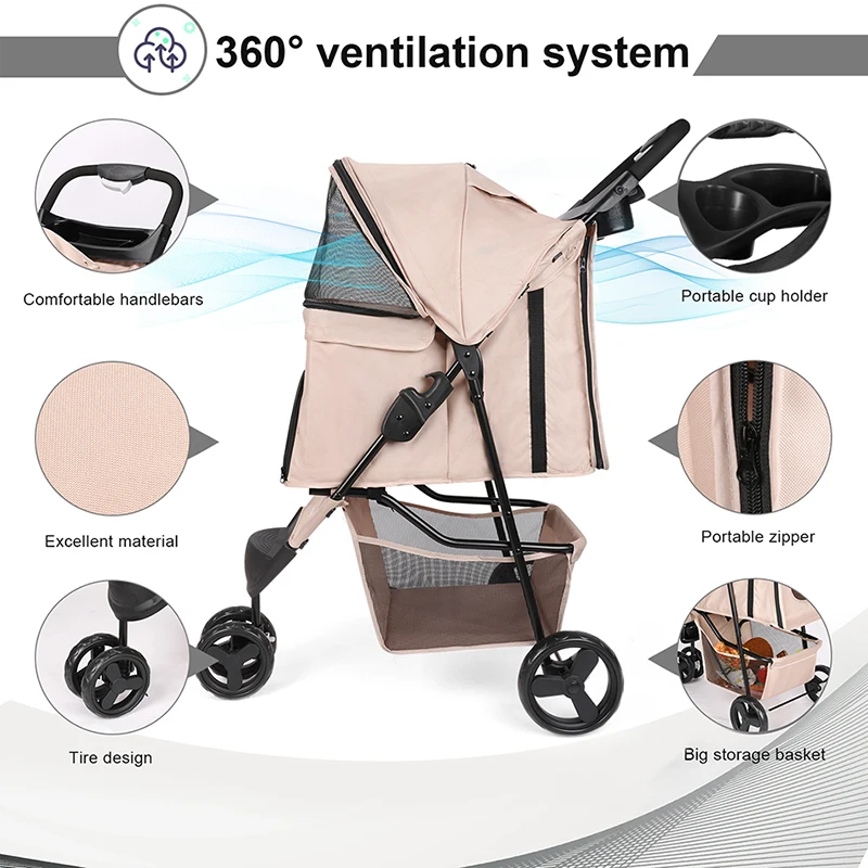 Foldable Pet Stroller Carrier Lightweight Frame Comfort Smooth Ride