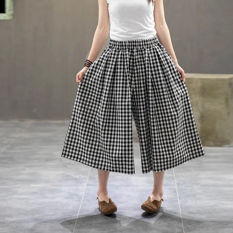 

Wide Leg Pants for Women Plaid Loose Casual Vintage Summer Literary Korean Style Elastic Waisted Flowing Trousers StraightPants