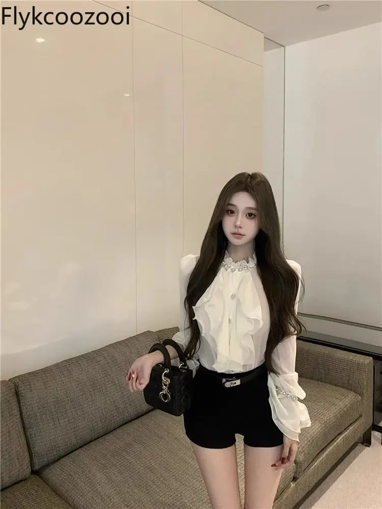 Sexy Female Diamond Lotus Collar Long Sleeve Shirt Female Autumn Waist Slimming Shirt Black Shorts Ensemble Femme 2 Pièces Été