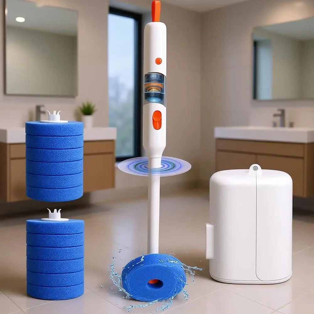 

4-in-1 Disposable Scrub Kit, 18 Rolls, 3-Speed Power Spinning, Rechargeable Wall Mounted Toilet Cleaner Wand