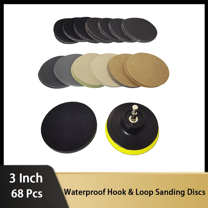 

65 Pcs Waterproof Hook Loop Sandpaper Kit 3 Inch 75MM Grit 80-10000 with M10 Adaper Backing Pad Interface Pad for Drill Grinder