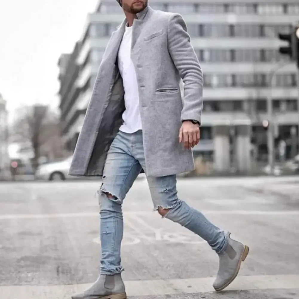 Men Woolen Coat Men's Woolen Coat with Lapel Side Pockets Long Sleeve Mid-length Overcoat in Solid Color Single for Winter
