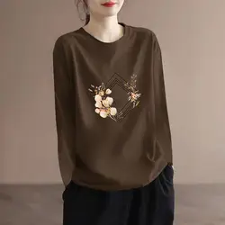 Comfortable Women's Clothing Long Sleeve Geometric Floral Printing Undershirt T-shirt Pullover Round Neck Spring Autumn Tops