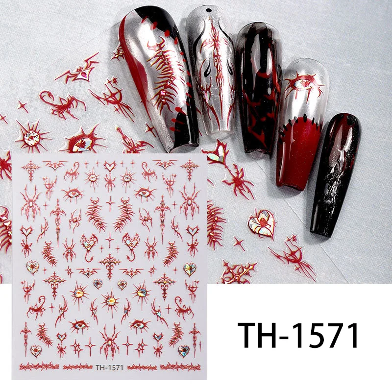 1pc 3D Red Skeleton Hand Nail Art Stickers Press On Nails Self Adhesive Halloween Nail Decals Festive Atmosphere Decorations