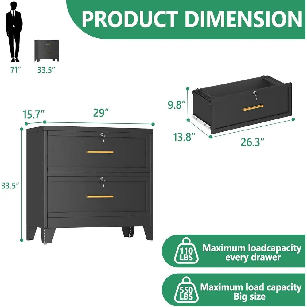 Metal Lateral File Cabinet with Lock, 2 Drawer Steel Wide Filing Organization Storage Cabinet, Hanging Files & Key, Lockable Cab