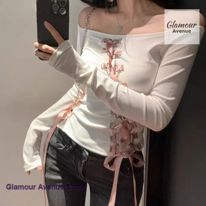 

American spice girl pure desire wind white one-shoulder T-shirt female spring and summer strap design slim long-sleeved top